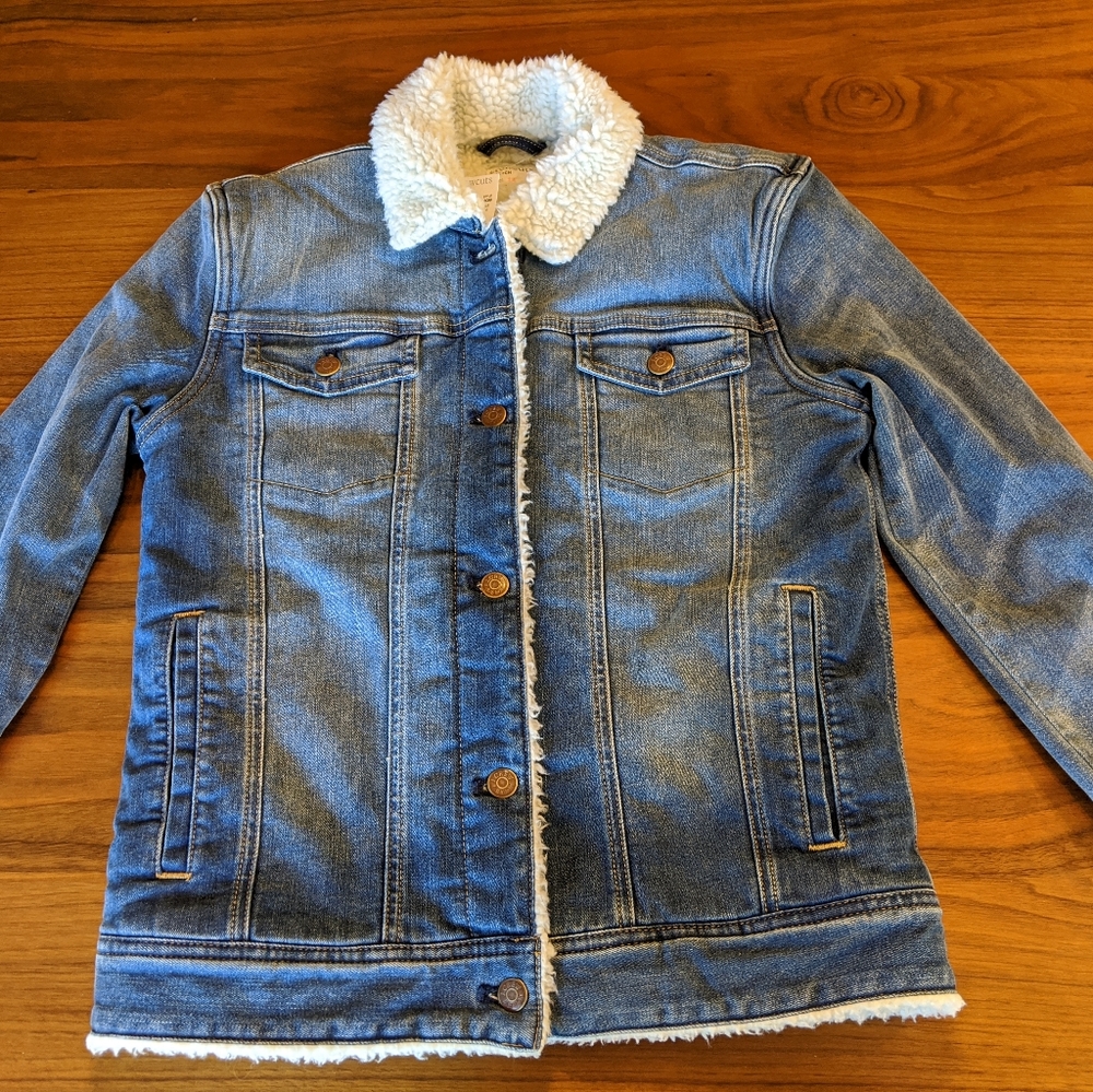 J. Crew Blue Jean Jacket with White Sherpa Collar